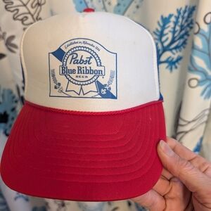 Vintage Pabst Blue Ribbon Red, White + Blue Mesh Snap Back Trucker Hat